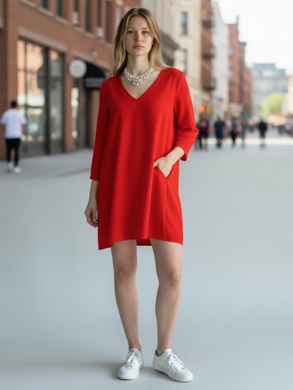 Maree Pour Toi Red Tunic Dress Sz 18 V-Neck Long Sleeve Pockets